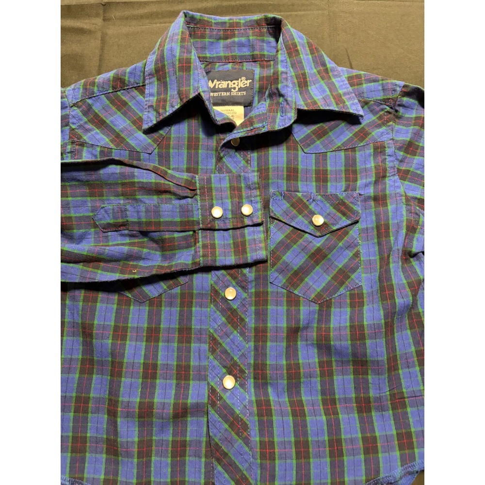 Wrangler Kids Western Shirt Blue‎ Green Plaid Pearl Snap XS 3-4 EUC